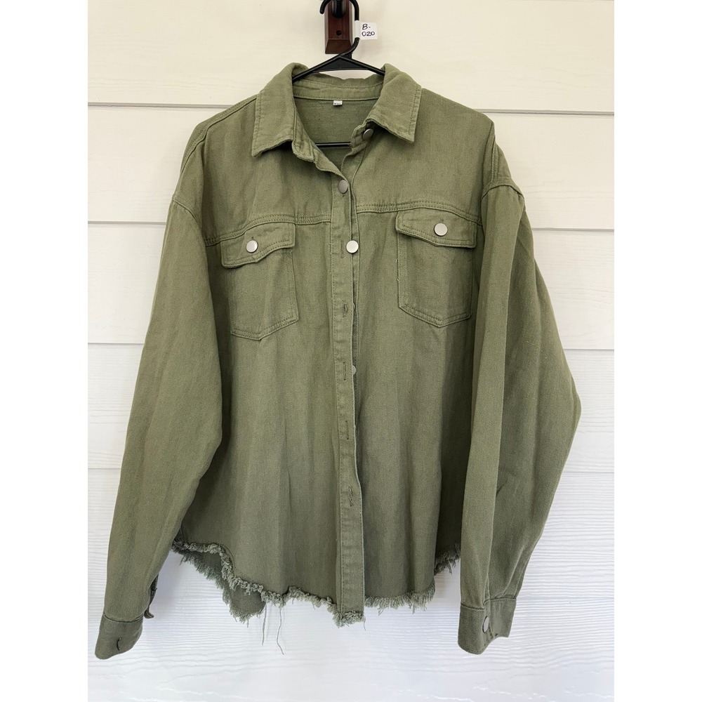 #B- 020- Unbranded Olive Green Denim Shacket Raw Hem Button Down Utility Jacket